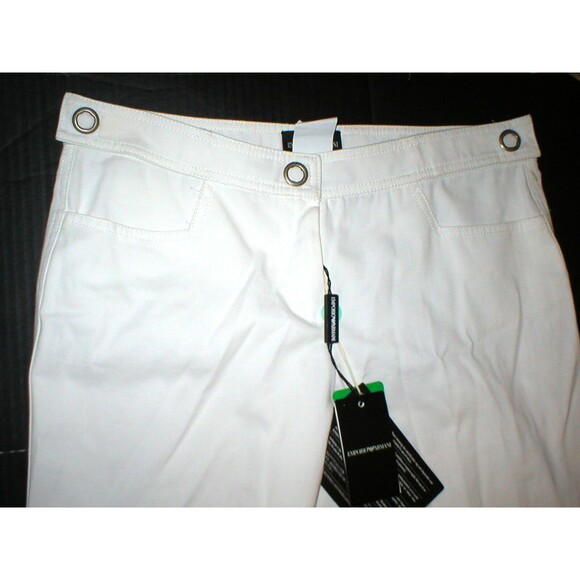 New Womens Designer Emporio Armani Cotton Pants 44 8 White Tall NWT Belt Accent - Picture 2 of 8